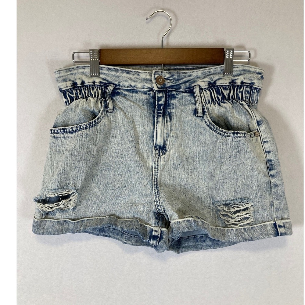 Boho Acid Wash Sincerely Jules Womens 7/28 Blue Distressed Paperbag Denim Shorts